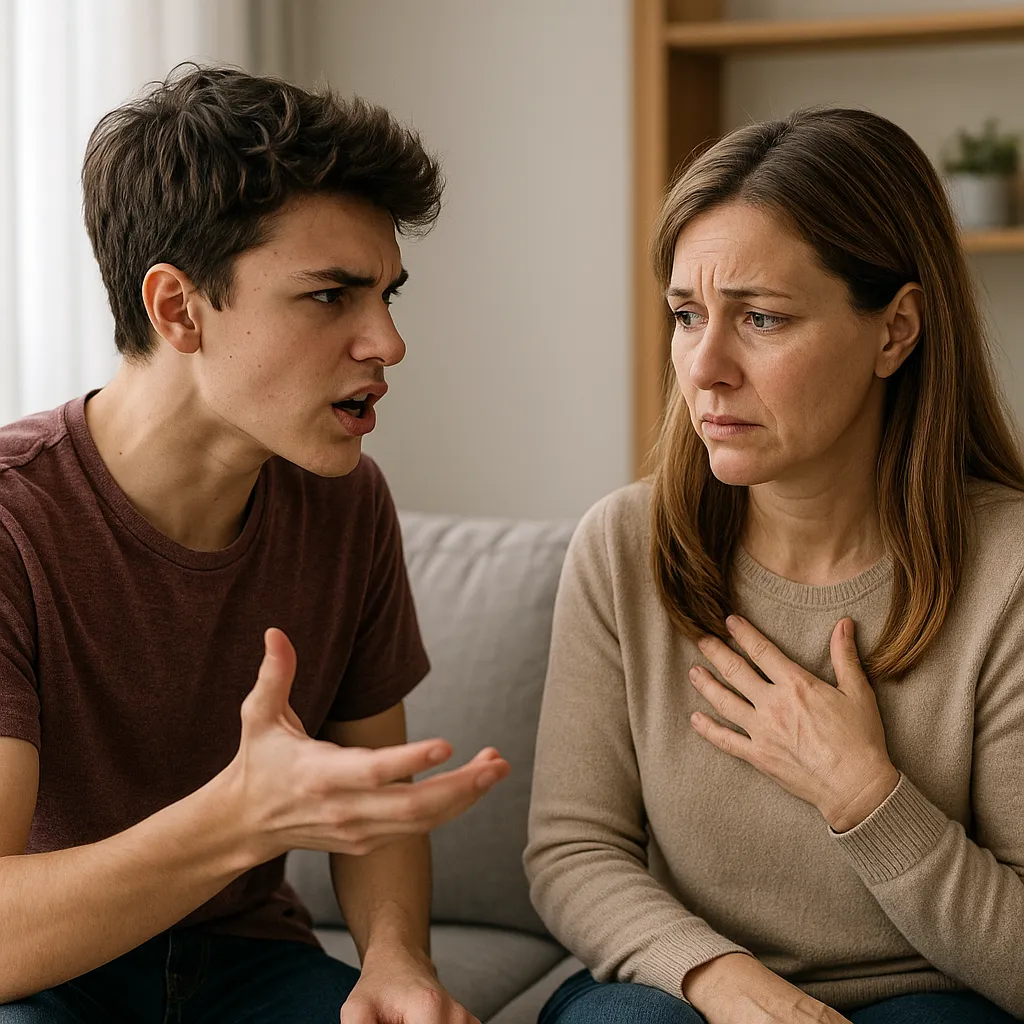 Mãe e filho adolescente conversando